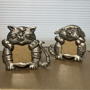 Ashleigh Manor 1986 Pewter Cat & Dog Folk Art Photo Frames Set of 2